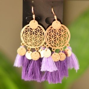 Boho Gold Dreamcatcher Tassel Earrings Purple